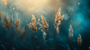 Field of grass with a blue sky in the background. The grass is dry and brown, and the sky is bright and sunny photo