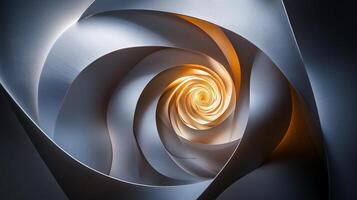 Spiral with a yellow center is the main focus of the image. The spiral is surrounded by a white background, and the yellow center stands out against the white. The spiral appears to be made of paper photo