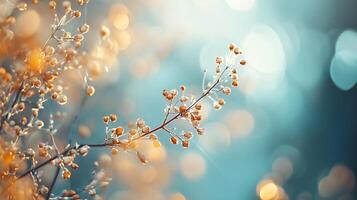 Branch of a tree with yellow flowers on it. The branch is surrounded by a blue sky photo