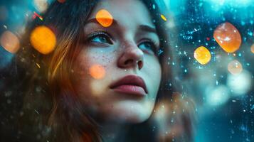 mujer con rojo pelo y pecas mirando fuera de un ventana. el imagen tiene un soñador, etéreo calidad a él, con el mujer cara y el ventana reflexión creando un sentido de profundidad y movimiento foto