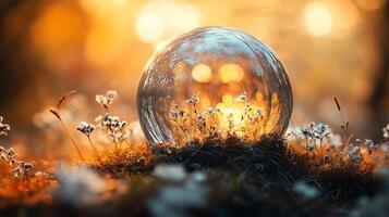 Glass sphere is on a field of grass. The sphere is surrounded by flowers and grass. The image has a peaceful and serene mood photo