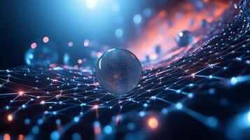 Sphere is floating in a web of blue and orange lights. The sphere is surrounded by a network of lines and dots, creating a sense of depth and movement photo