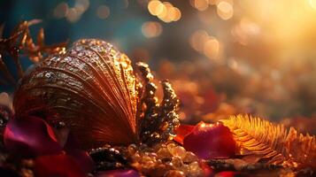 Gold shell is on a beach with red flowers and sand. The shell is surrounded by a red and gold color scheme, giving the image a warm and inviting feel photo