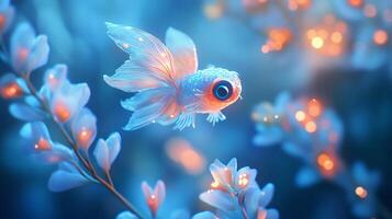 Fish is swimming in a blue ocean with a light blue background. The fish is surrounded by a lot of light and it looks like it is in a dreamy, surreal world photo