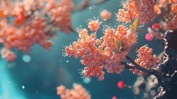 Tree with orange flowers is shown in a blue sky. The flowers are small and clustered together, giving the impression of a delicate and intricate design photo