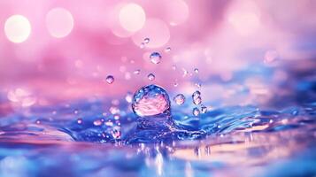 Drop of water is falling into a body of water, creating a splash. The water is blue and pink, giving the scene a serene and calming atmosphere photo