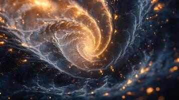Spiral galaxy with a bright orange center and blue and black swirls. The galaxy is filled with stars and dust, and the colors create a sense of movement and energy photo