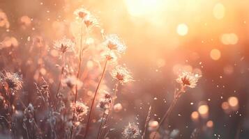 Field of flowers with a bright sun shining on them. The sun is casting a warm glow on the flowers, making them look vibrant and alive. The scene is peaceful and serene photo