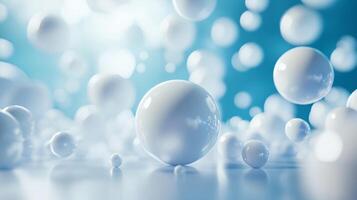 Blue background with many white spheres scattered around. The spheres are all different sizes and are floating in the air. The image gives off a feeling of lightness and playfulness photo