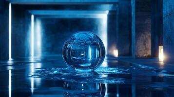 Blue sphere is floating in a pool of water. The water is illuminated by lights, creating a serene and calming atmosphere photo