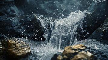 Stream of water is flowing over a rock. The water is small and clear, and it is falling from a height. The scene is peaceful and serene, with the sound of the water creating a calming atmosphere photo