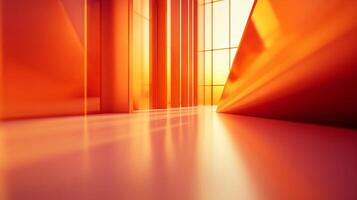 Room with orange walls and a window. The room is empty and the light is coming in through the window photo
