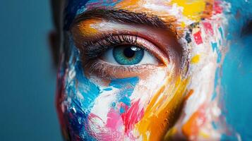 Woman's face is painted with a rainbow of colors. The eye is blue and the rest of the face is painted with a variety of colors. The painting gives the impression of a colorful photo