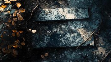 Photo of a stone wall with a leafy green background. The wall is covered in moss and has a stone staircase leading up to it. The photo has a moody and mysterious feel to it