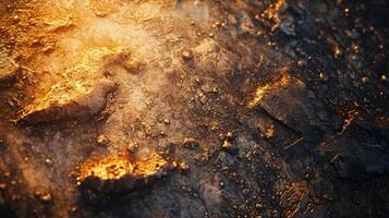Close up of a rocky surface with a lot of debris and a lot of fire. The fire is orange and the debris is scattered all over the surface. Scene is chaotic and dangerous, as the fire photo