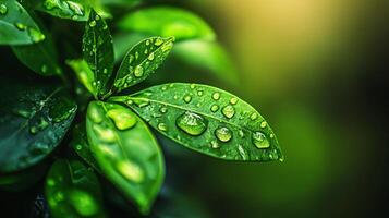 Leaf with water droplets on it. The droplets are small and scattered, giving the impression of a light rain. The leaf is green and he is fresh and healthy photo