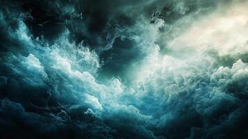 The sky is filled with dark clouds and the water is blue. Scene is ominous and foreboding photo