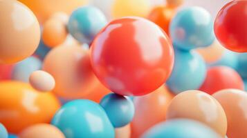 Colorful array of balls in various sizes and colors. Concept of playfulness and creativity, as the balls are arranged in a way that suggests they are floating or bouncing around in a fun photo