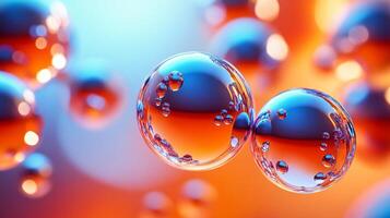 Two large, clear spheres that are floating in the air. The spheres are surrounded by smaller, more numerous spheres, creating a sense of depth and movement. Scene is one of fluidity and motion photo