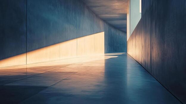 Long, narrow hallway with a large window on one side. The sunlight is shining through the window, creating a warm and inviting atmosphere photo