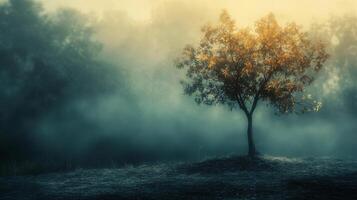 Tree is standing in a field of grass. The sky is cloudy and the grass is wet photo