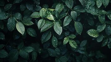 Lush green plant with leaves that are wet from rain. The leaves are arranged in a way that creates a sense of depth and texture, with some leaves overlapping others photo