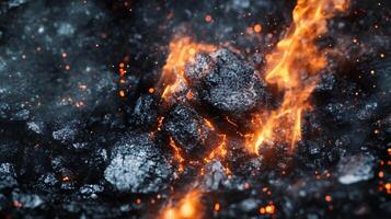 Close up of a rock with fire on it. The fire is orange and the rock is black. The image has a mood of destruction and chaos photo