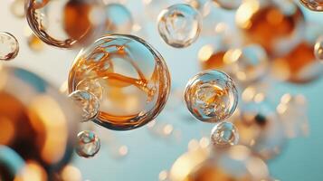 Close up of many small bubbles of different sizes and colors. The bubbles are floating in the air and appear to be made of a liquid substance. Concept of playfulness and whimsy photo