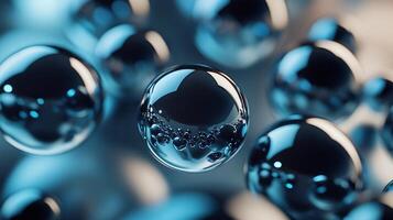 Close up of a bunch of blue spheres. The spheres are all different sizes and are floating in the air. The image has a calm and serene mood, as the spheres appear to be floating peacefully in the air photo