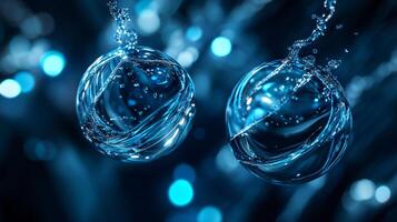 Two blue spheres of water are floating in the air. The water droplets are surrounded by a blurry background. Concept of movement and fluidity, as if the water is in constant motion photo