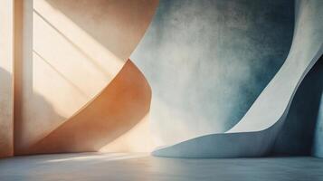 Room with a wall that has a blue and white stripe. The wall is made of concrete and has a curved shape. The room is empty and has a minimalist feel photo