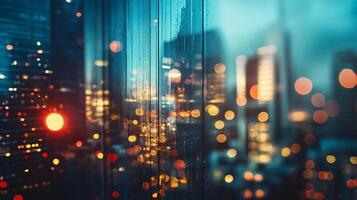 City skyline with a red light in the foreground. The lights of the city are reflected in the glass, creating a blurry and dreamy effect photo