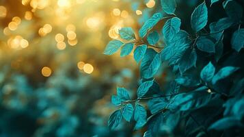 Leafy green tree with a bright blue hue. The leaves are full and lush, and the sunlight is shining through the branches, creating a warm and inviting atmosphere photo