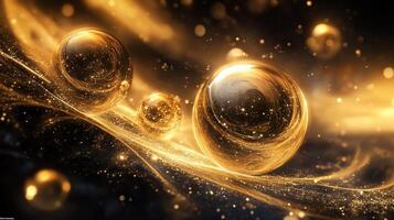 Series of gold colored spheres are floating in the air, creating a sense of movement and energy. The gold color and the way the spheres are arranged give the image a luxurious and elegant feel photo