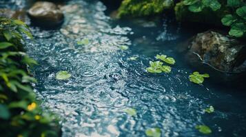 Stream of water with lily pads floating on top. The water is clear and calm, and the lily pads are green and spread out across the surface. The scene is peaceful and serene, with the water photo