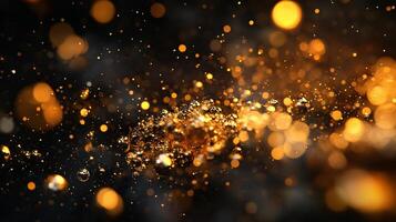 Blurry image of gold glitter with a dark background. The glitter is scattered all over the image, creating a sense of movement and energy. The dark background adds to the mysterious photo