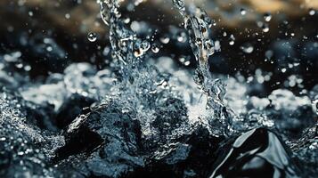 Splash of water is captured in a photo, with the water droplets falling from the sky. Concept of movement and energy, as the water droplets seem to be in motion photo