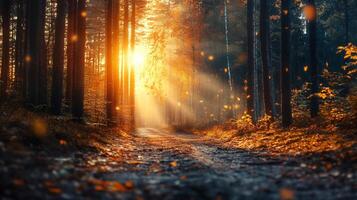 Forest path with a sun shining through the trees. The sun is casting a warm glow on the ground photo