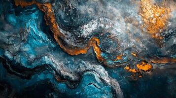 Painting of a wave with blue and orange colors. The painting has a lot of texture and looks like it's made up of many different pieces. The mood of the painting is calm and serene photo