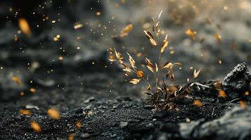 Small plant is surrounded by a lot of ash and debris. The ash is scattered all around the plant, and it looks like it has been burned. Scene is somber and bleak photo