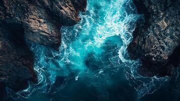 Blue ocean with white foam and rocks in the background. The water is calm and peaceful. The rocks in the background add a sense of depth and contrast to the scene photo