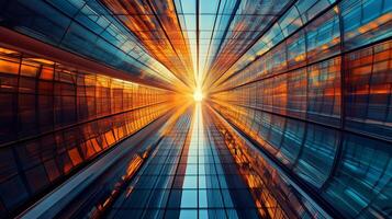 Long, narrow building with a large window in the middle. The window is reflecting the sun, creating a warm and inviting atmosphere photo