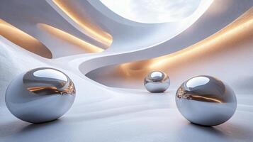 Three large silver spheres are suspended in midair in a white room. The room is empty and the spheres are the only objects in the space. The spheres are positioned at different heights and angles photo