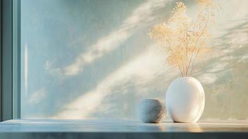 White vase with a flower in it sits on a table next to a grey stone. The vase is the main focus of the image, and the stone is placed next to it, creating a sense of balance and harmony photo