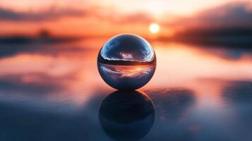 Large, clear, round ball is sitting on a body of water. The sun is setting in the background, casting a warm glow over the scene. The reflection of the ball in the water creates a sense of depth photo
