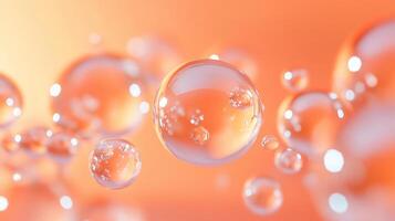 Close up of a bunch of bubbles with a bright orange background. The bubbles are all different sizes and are floating in the air. Concept of playfulness and lightheartedness photo