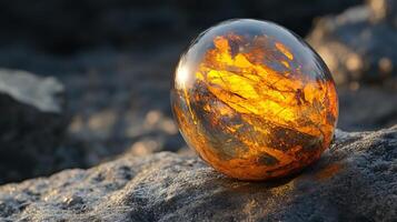 Large, orange, glass sphere sits on a rock. The sphere is surrounded by a blurry reflection of itself, creating a sense of depth and intrigue. The image evokes a feeling of mystery and wonder photo