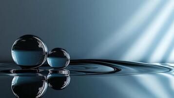 Two large spheres of water are floating on a surface. The water is calm and still, with the spheres reflecting the light. The scene is serene and peaceful, with the water photo