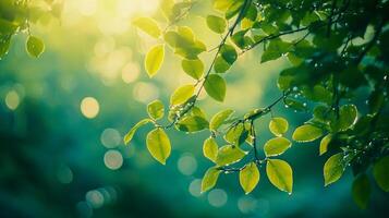 Leafy tree branch with a bright green color. The leaves are shining in the sunlight, creating a beautiful and peaceful scene photo