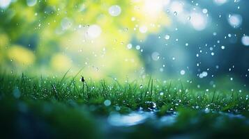 Field of grass is wet from rain. The grass is green and the sky is blue. The raindrops are falling on the grass and the ground photo